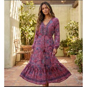 boemo Bohemian Paisley Print Midi Dress With Button Front & Tie Waist size L